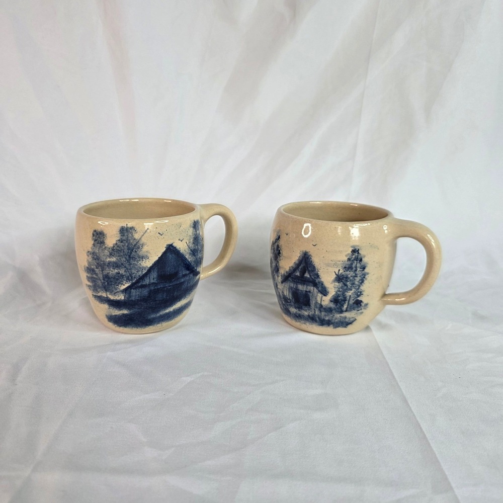 Paul Storie Pottery Marshall TX Mugs Set of 2 Cobalt Blue Cabin Landscape